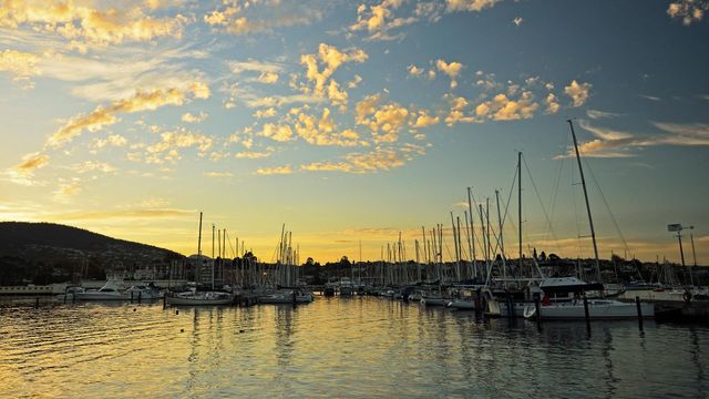 Dusk over a marina in Sandy Bay, Hobart, Tasmania