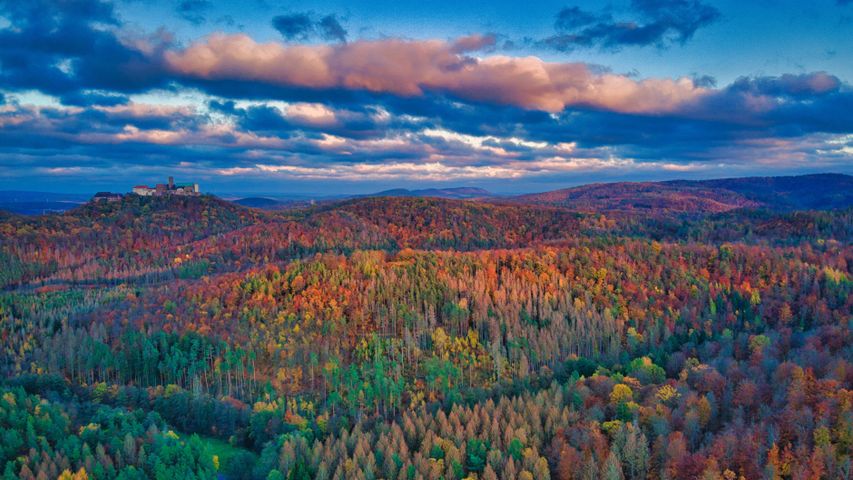 Outono na Floresta da Turíngia e castelo de Warburg, na Alemanha