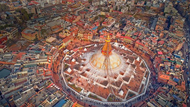 Aerial view of Boudhanath stupa in Kathmandu, Nepal