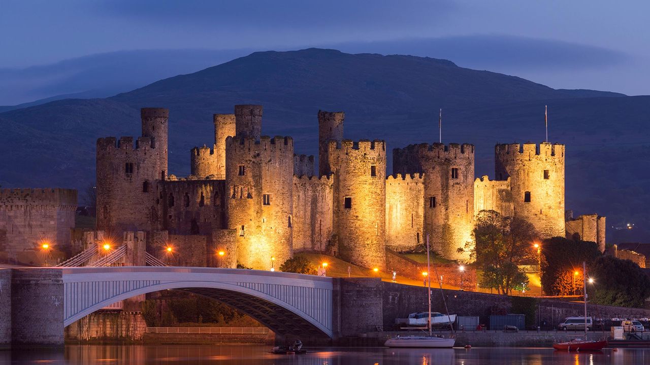 Conwy Castle illuminated at night, Conwy