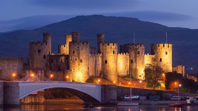 Conwy Castle illuminated at night, Conwy