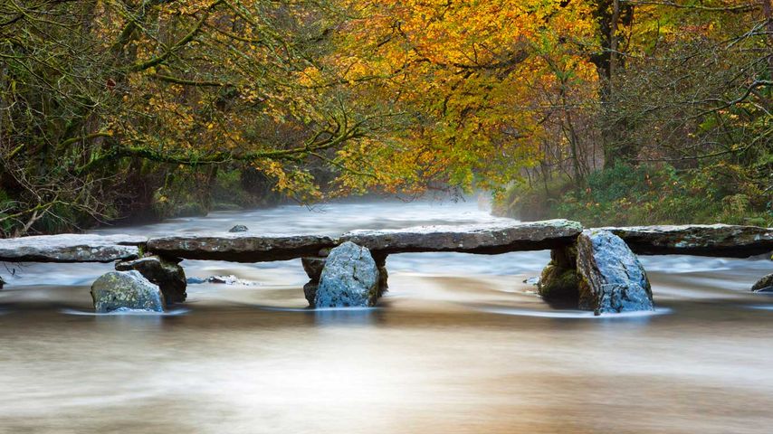 The Tarr Steps across the River Barle in Exmoor National Park, Somerset 