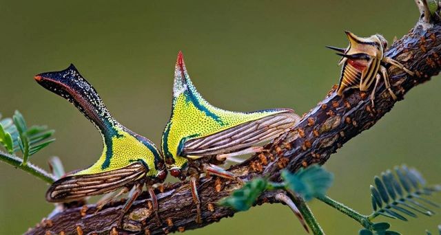 Zusammengesetztes Bild einer jungen Buckelzirpe rechts, und einer weiblichen und männlichen Buckelzirpe Kopf-an-Kopf auf einem Zweig einer Cassia