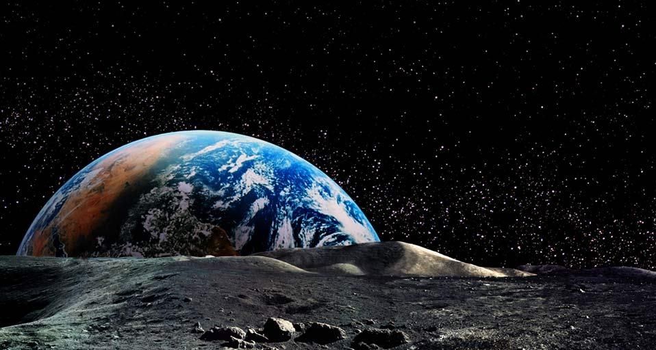 Photo composite of Earth rising above the lunar horizon