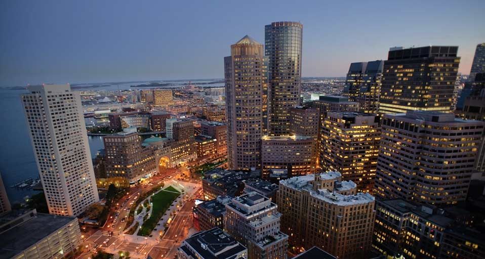 Illuminated Boston Skyline at night, skyscraper, Massachusetts
