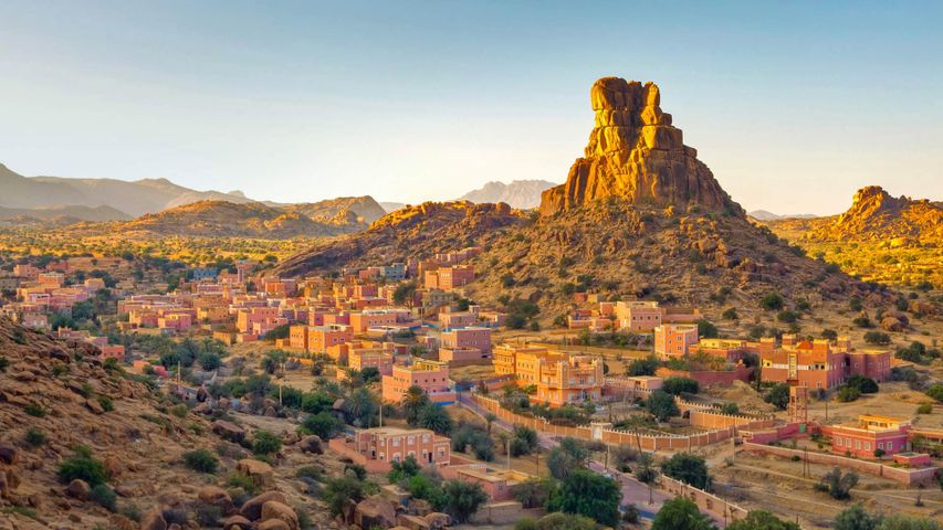 The village of Aguerd Oudad and the larger town of Tafraout in Morocco