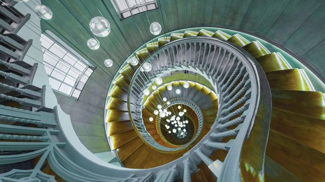 Cecil Brewer spiral staircase at Heal's furniture store, Tottenham Court Road, London