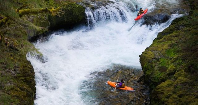Kayakers on Eagle Creek in the Columbia River Gorge, Oregon