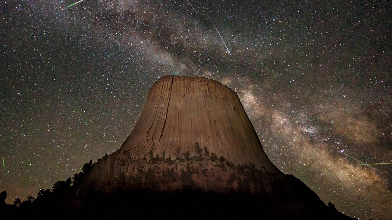 The Eta Aquarids Meteor Shower over Devils Tower in Wyoming, USA 