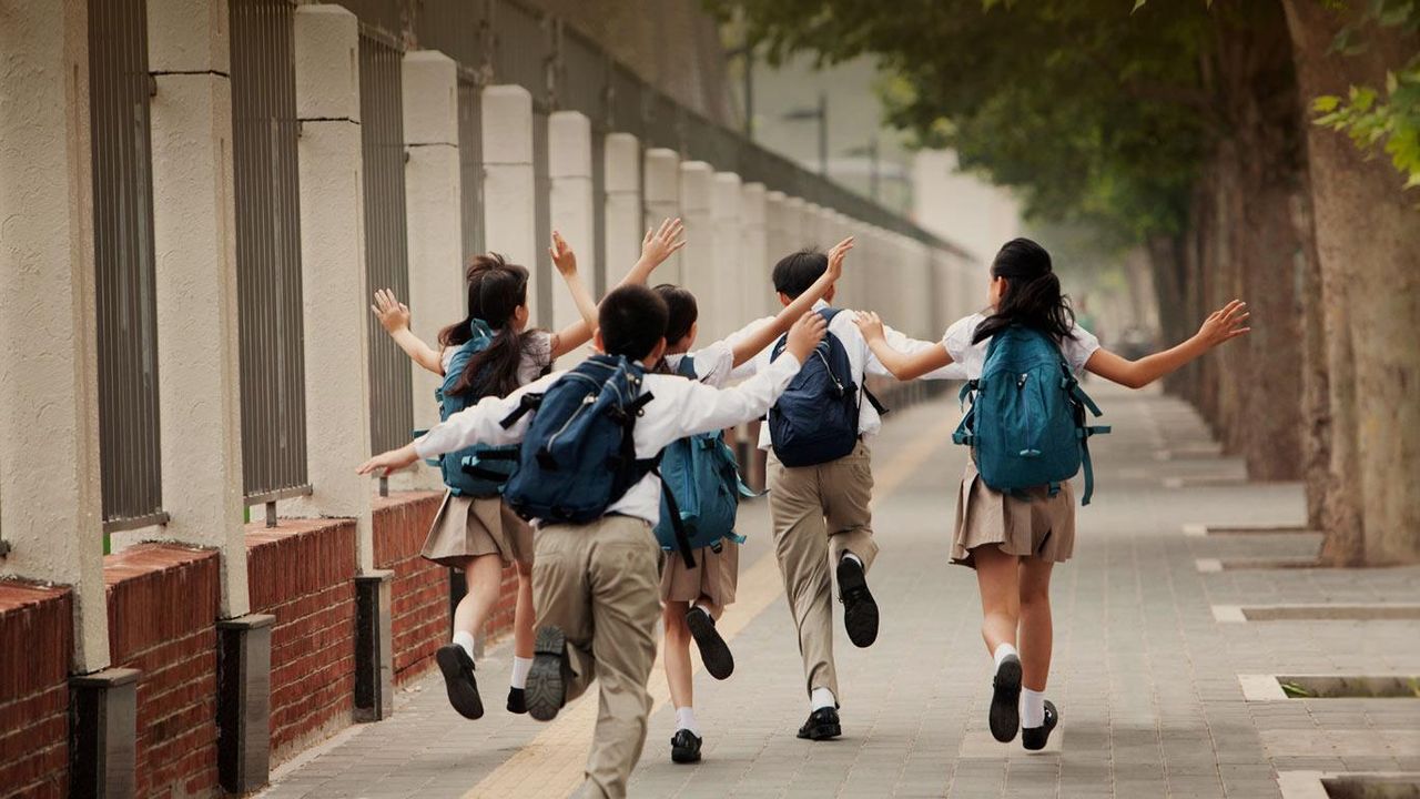 上学路上，身穿校服的学生的背影