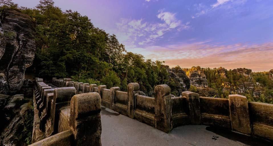 View from the Bastei Bridge above the Elbe River in the Elbe Sandstone Mountains of Germany