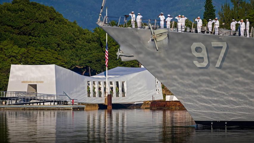 Enlisted personnel on the USS Halsey in 2016 commemorating the 75th anniversary of the attack on Pearl Harbor in Honolulu, Hawaii 