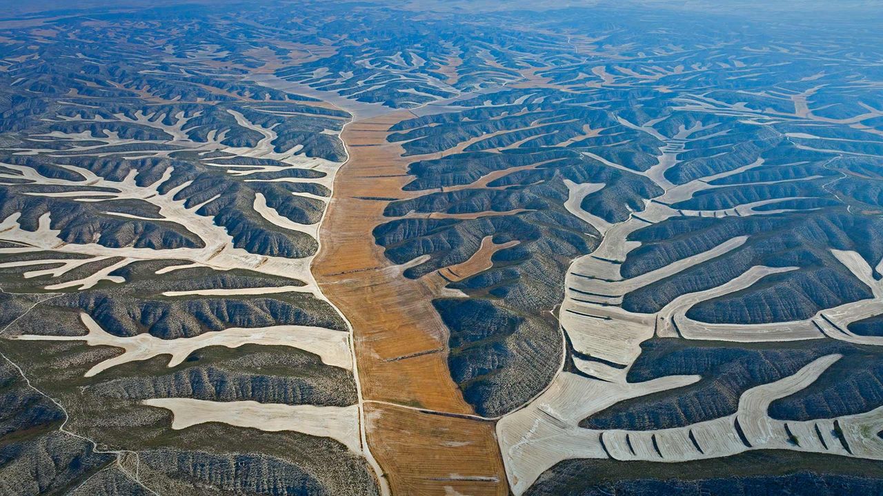 Agricultural fields in the Monegros Desert near Los Monegros, Spain 