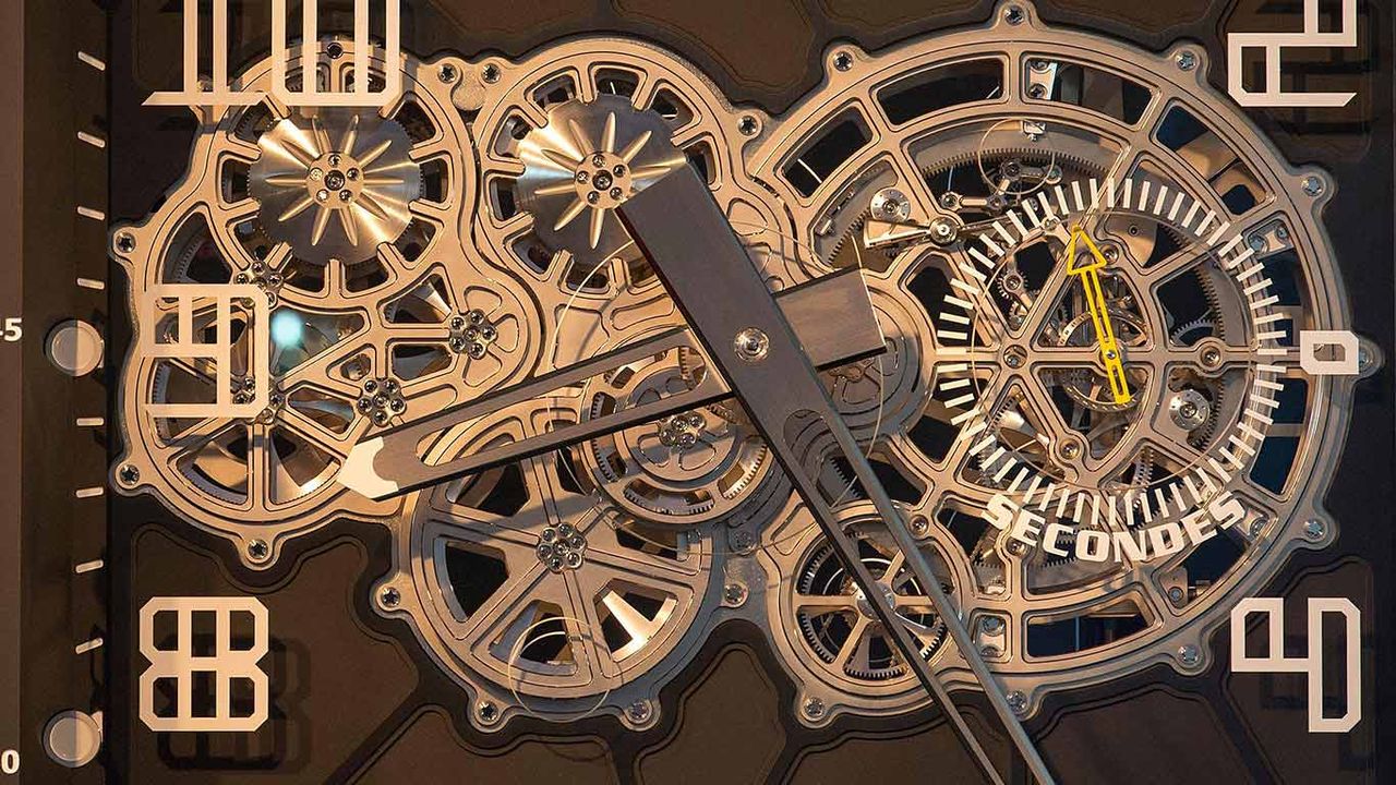 The Swiss 'lucky charm' clock is displayed in the technical occupation school in Porrentury, Switzerland 