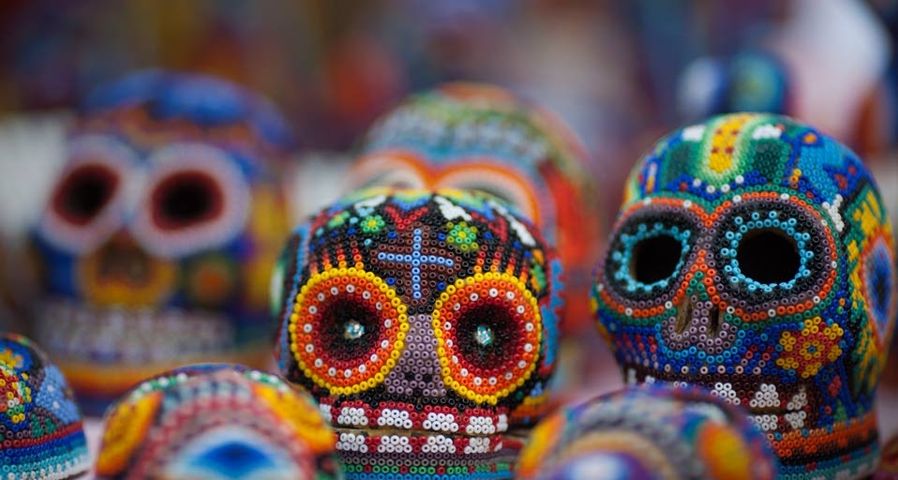 Beaded skull ornaments created for celebrations of Day of the Dead in Pátzcuaro, Mexico