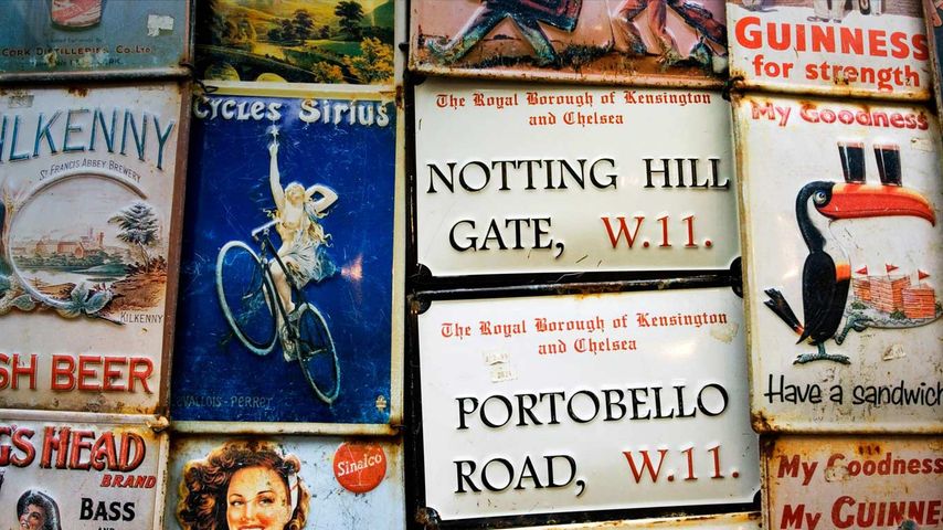 Antique Enamelled Advertising Signs, Portobello Road Market, Notting Hill, London