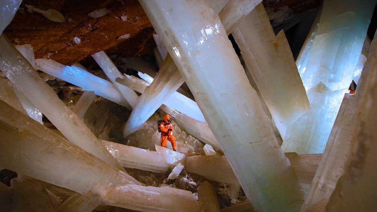 Massive selenite crystals in the Cave of the Crystals in Naica, Mexico 