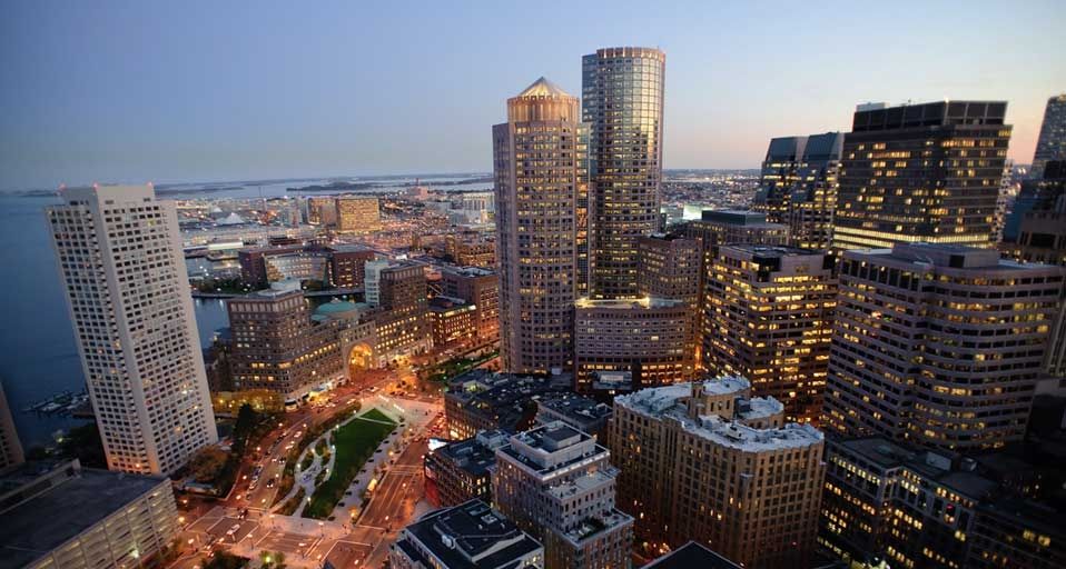 Illuminated Boston skyline at night, skyscraper, Massachusetts