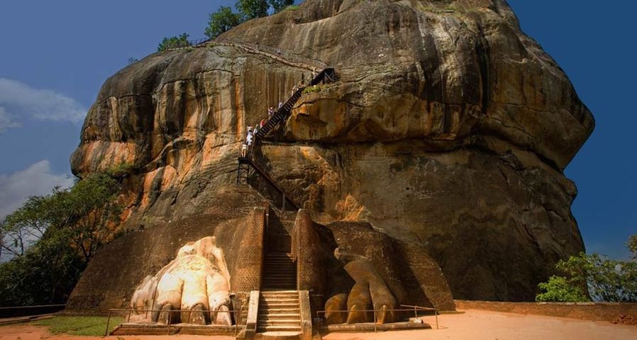 Remains of the colossal lion sculpture that flanked the stairway leading to the Sigiriya fortress in Sri Lanka