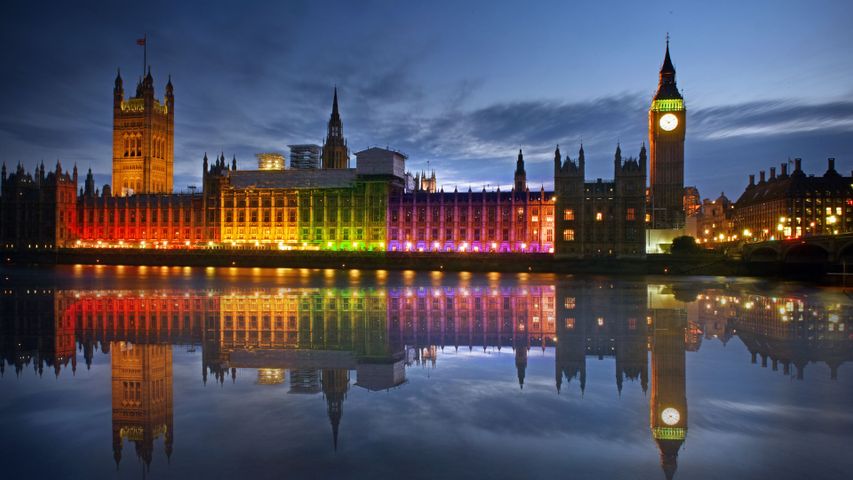 The Palace of Westminster illuminated in rainbow colours for Pride in London in 2017 