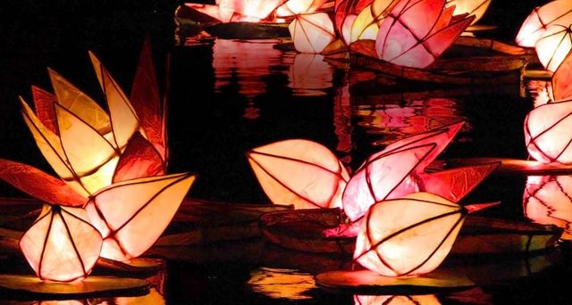 Candlelit lanterns are set adrift during the Diwali celebrations in Trafalgar Square, London