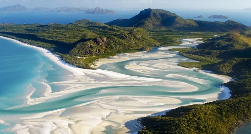 Aerial shot of Whitehaven Beach, Whitsunday Island off Queensland, Australia
