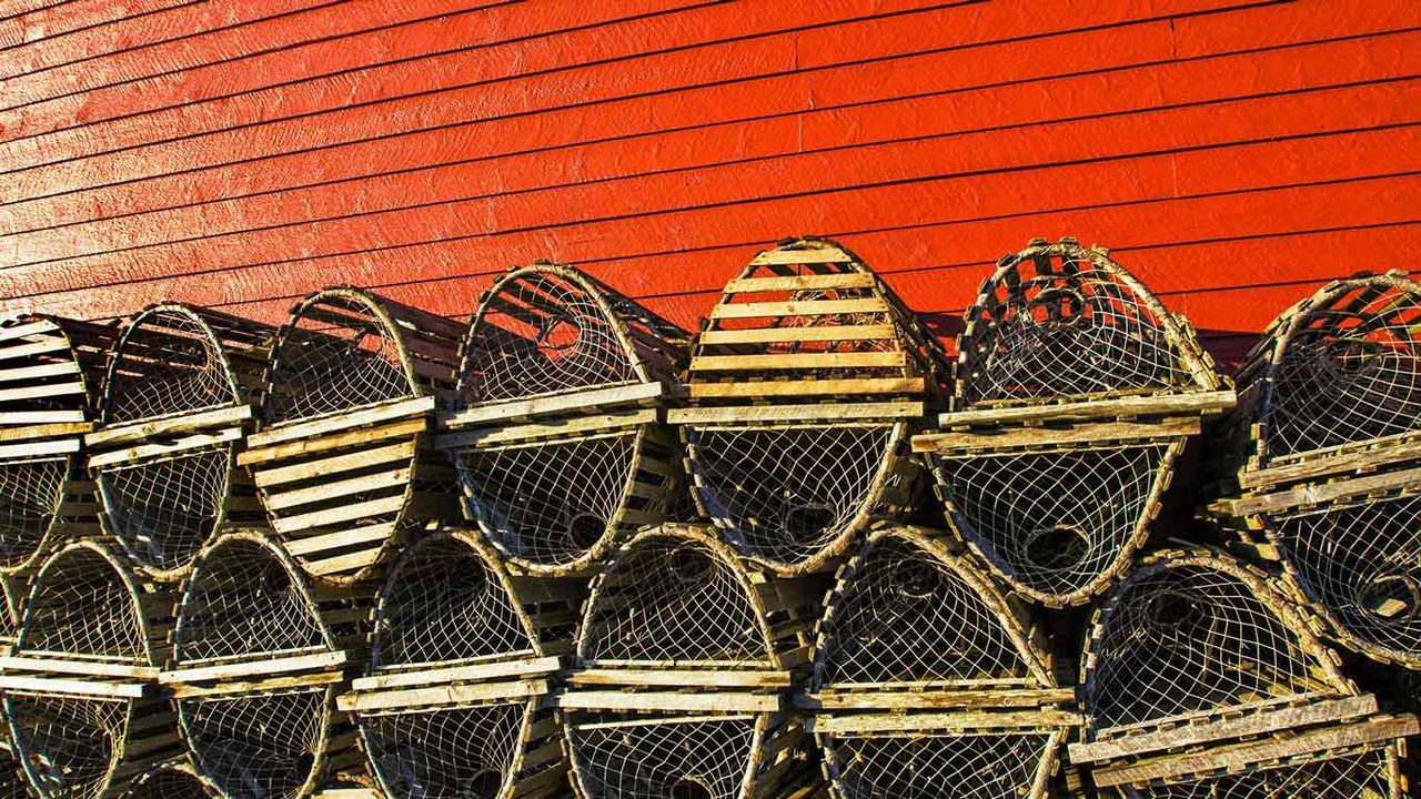 Lobster traps stacked against a red fishing shed in Newfoundland, Canada