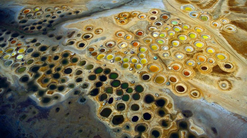 Colorful salt pits in the Saloum Delta of Senegal