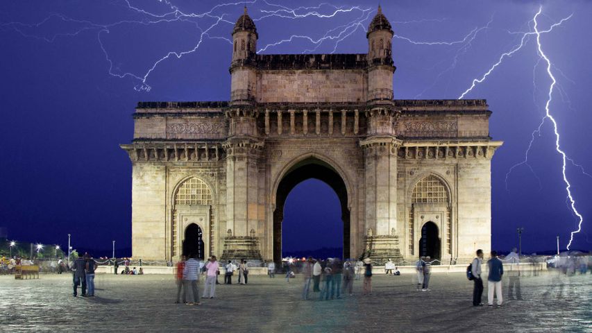 View of the Gateway of India during a storm