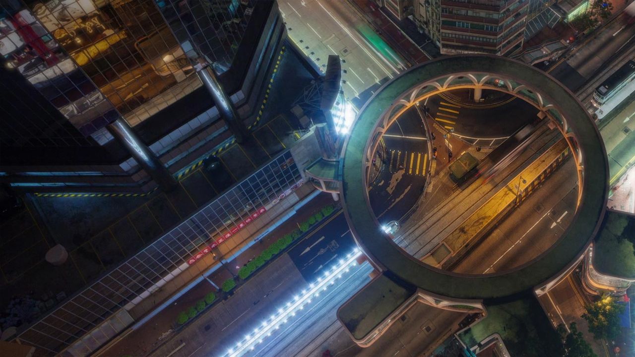 A pedestrian skyway in Hong Kong’s Wan Chai District, China 