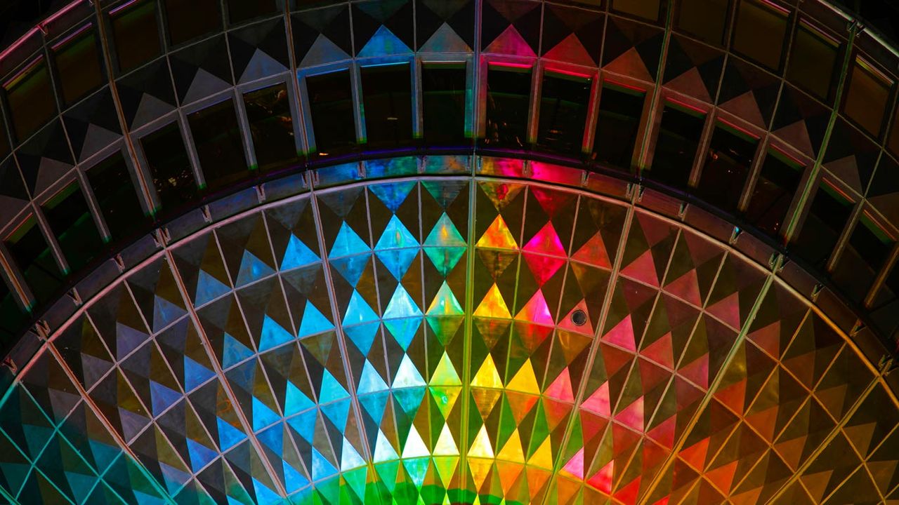 Detail of the Fernsehturm television tower, illuminated during the Festival of Lights in 2011, Berlin, Germany