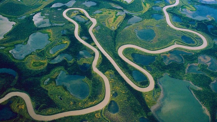 Aerial of Mackenzie River delta, Northwest Territories, Canada