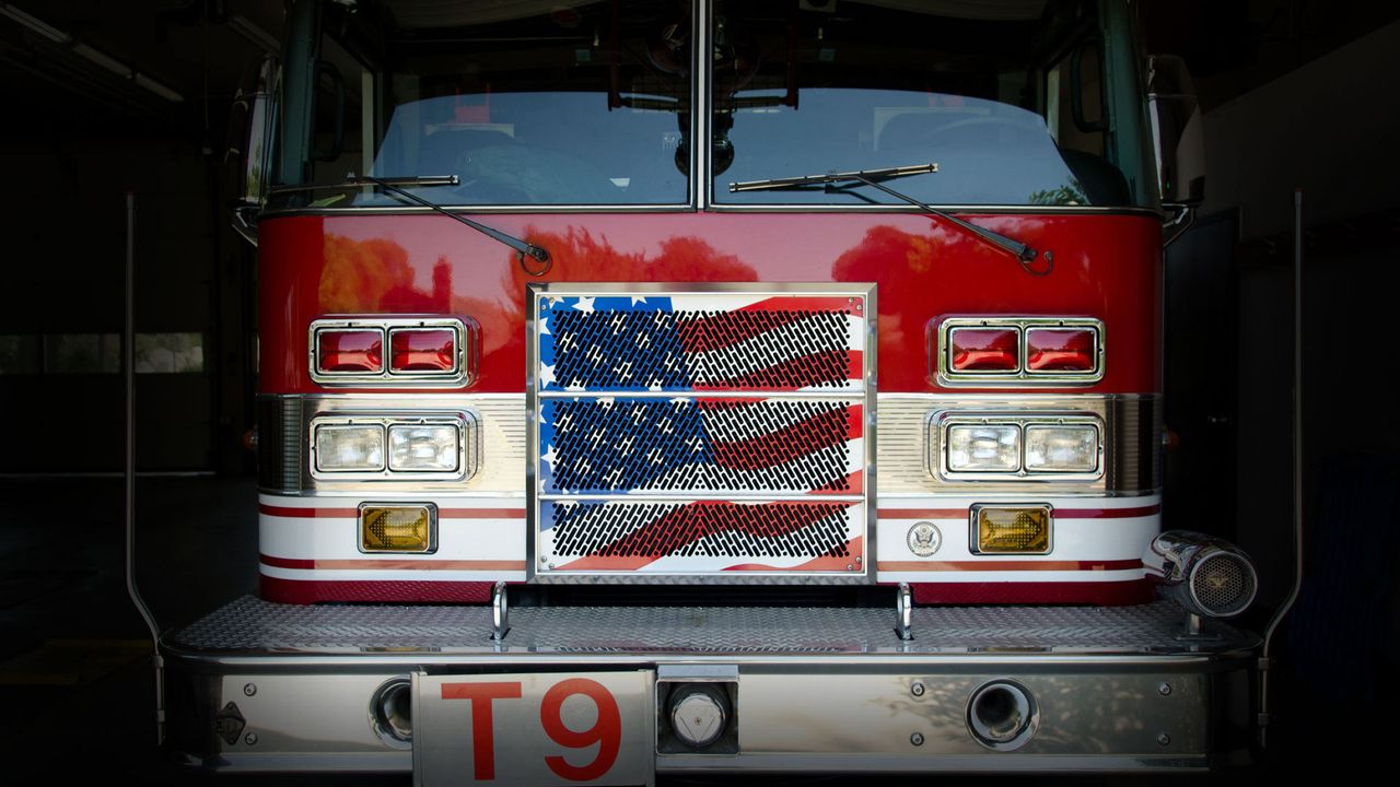 A fire department ladder truck in Fresno, California 