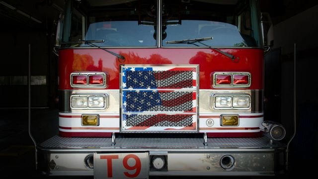 A fire department ladder truck in Fresno, California