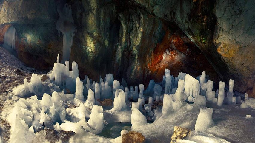 Ice pillars in a cave at Durmitor, Montenegro 