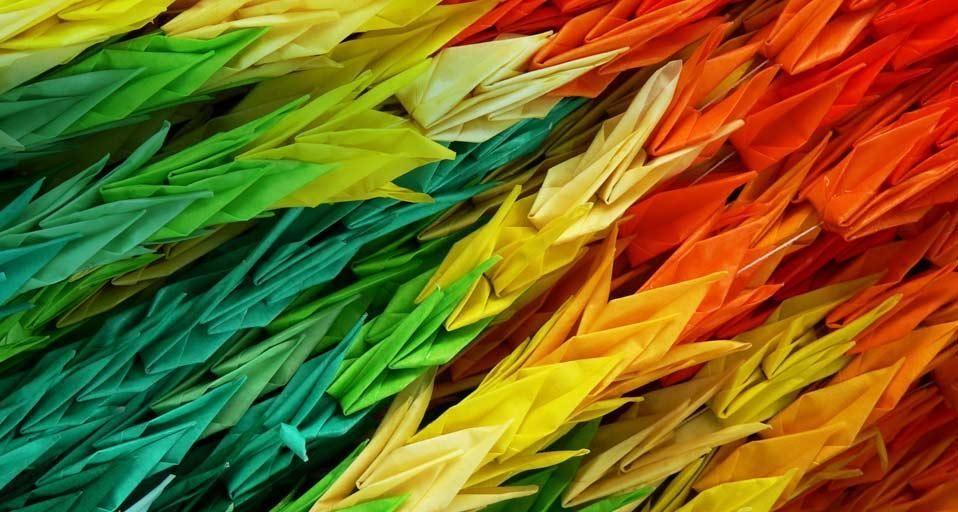 Multicolored origami paper cranes at the Hiroshima Peace Memorial Park in Hiroshima, Japan