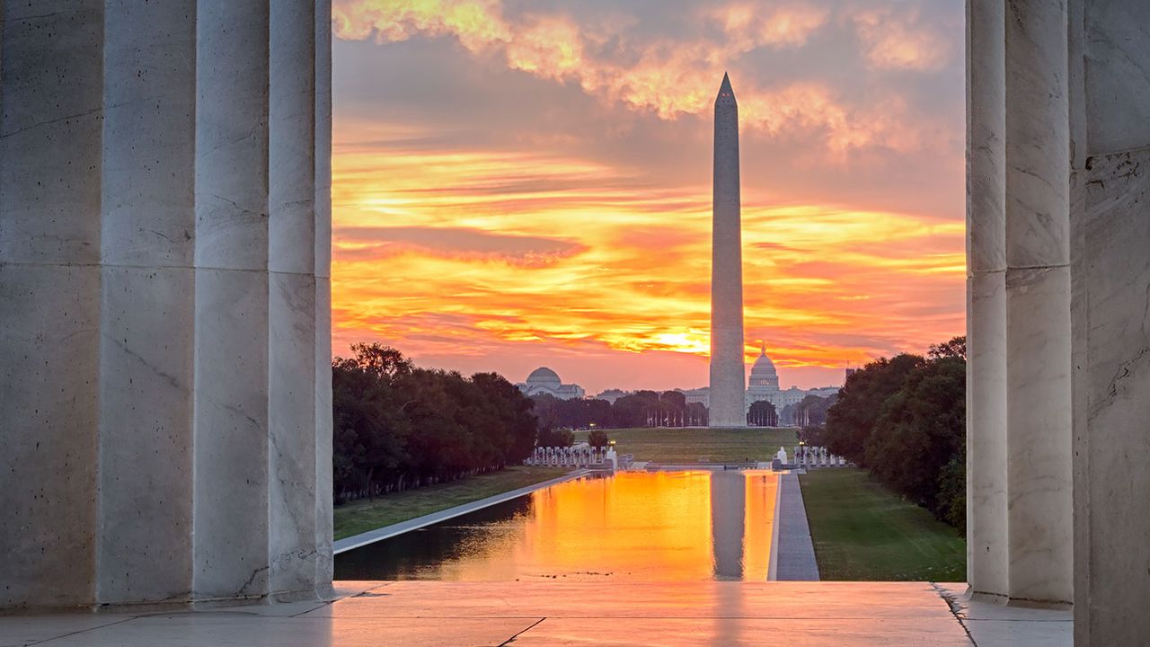 The Washington Monument and US Capitol Building from the steps of the Lincoln Memorial, Washington, DC 