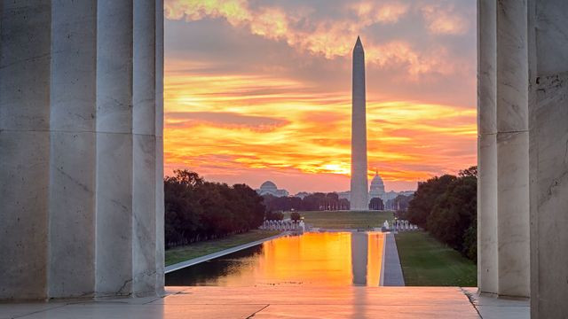 The Washington Monument and US Capitol Building from the steps of the Lincoln Memorial, Washington, DC 