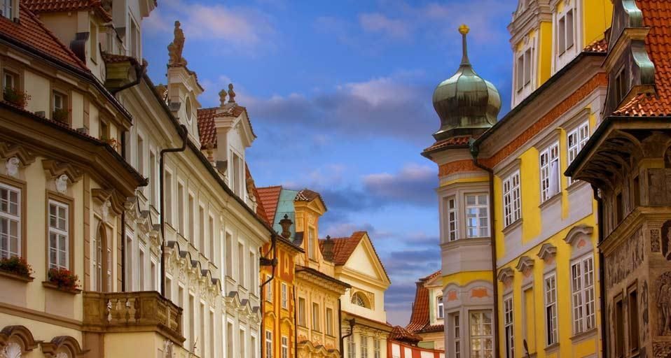 Buildings lining a street in Prague, Czech Republic