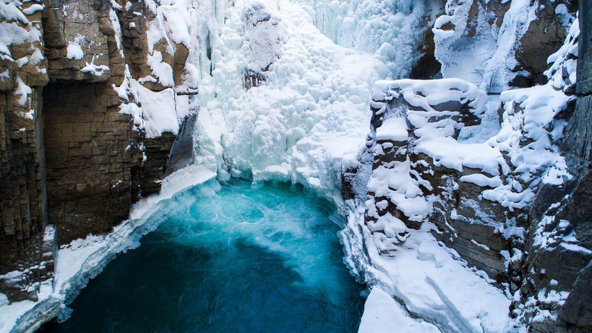 High angle view of a frozen waterfall, Jasper, Alberta 