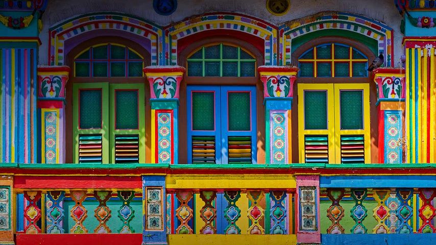Colorful façade of a building in Little India, Singapore
