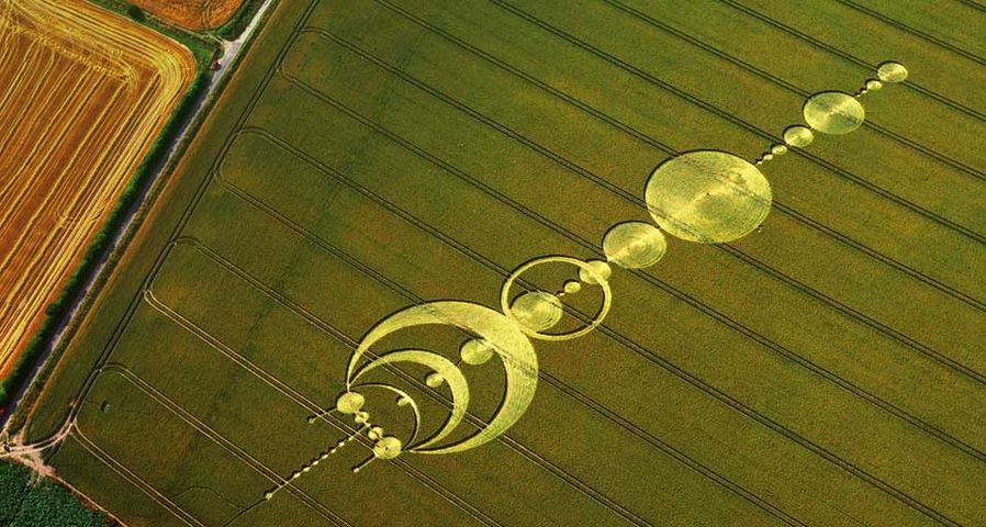 Aerial image of crop circles, Wiltshire, England, United Kingdom