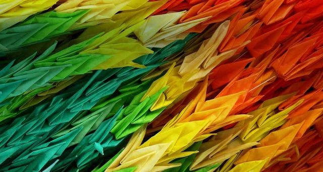 Multicoloured origami paper cranes at the Hiroshima Peace Memorial Park in Hiroshima, Japan