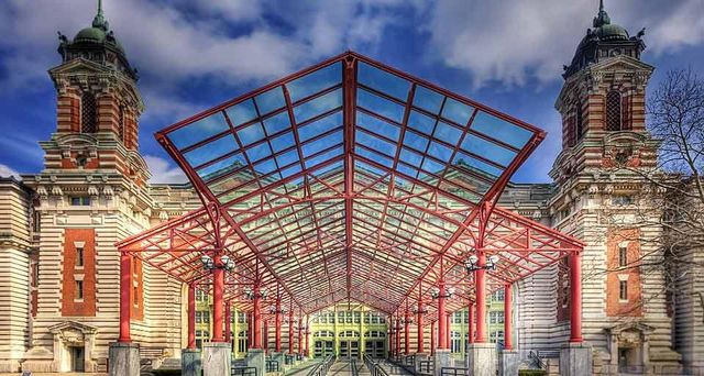 The exterior of the Ellis Island Immigration Museum in New York Harbor, New Jersey, USA