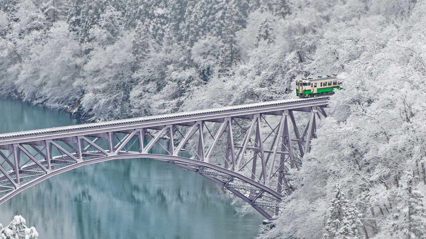 Ein Zug auf der Eisenbahnbrücke über den Tadami in der Nähe von Mishima, Japan 