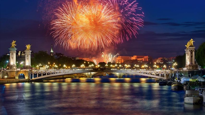 Fireworks over Pont Alexandre III in Paris, France