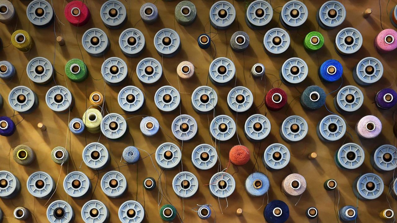 Reels of cotton at Angels Costumes warehouse in Hendon, north London 