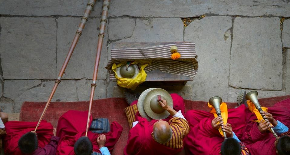 Musicians at a dance performance at the Thangbi Mani Festival in Bhutan