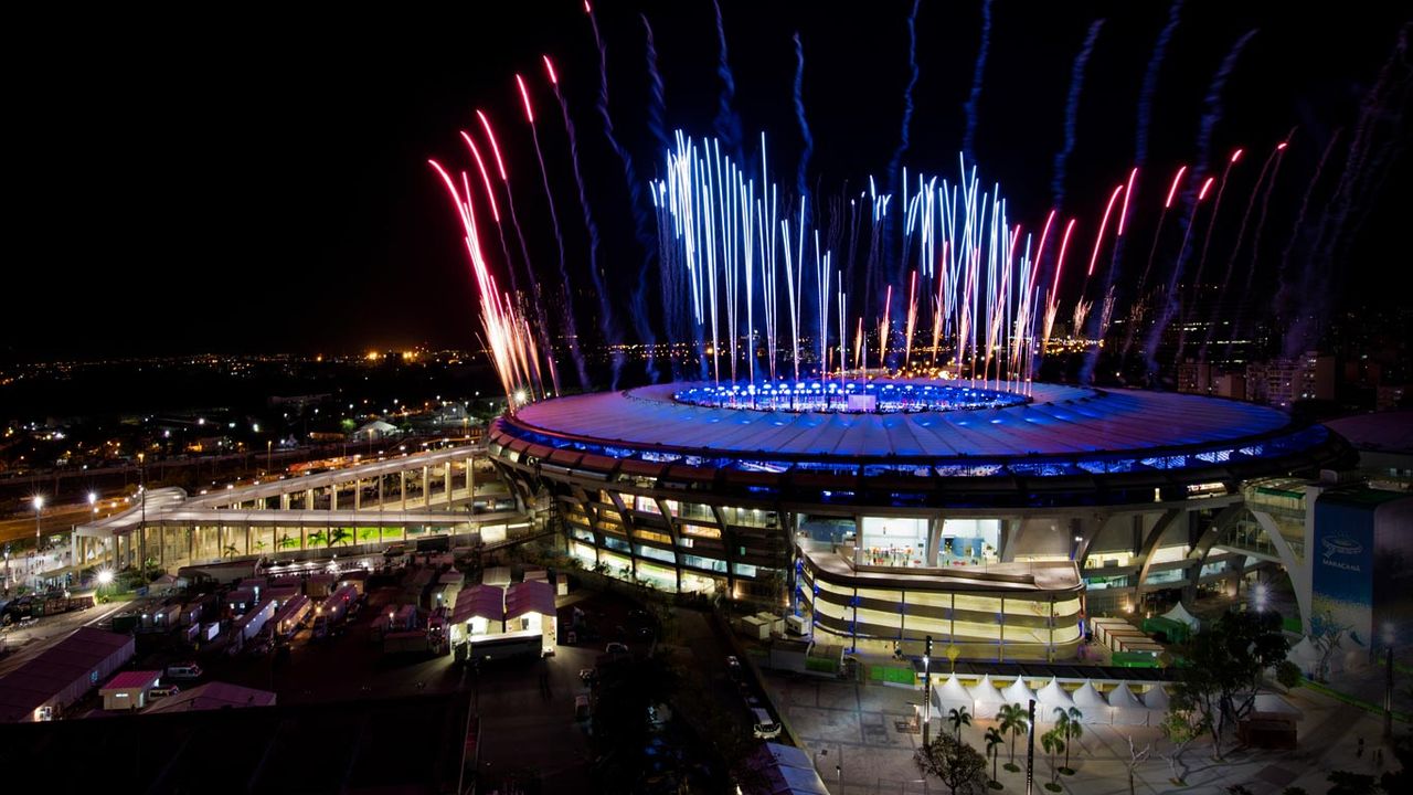 Fireworks explode above the Maracanã Stadium in Rio de Janeiro, Brazil 