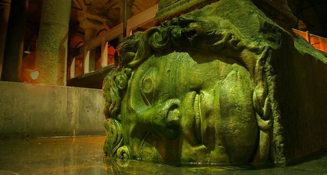 A head of Medusa used as the base of a column in the Yerebatan Cistern
